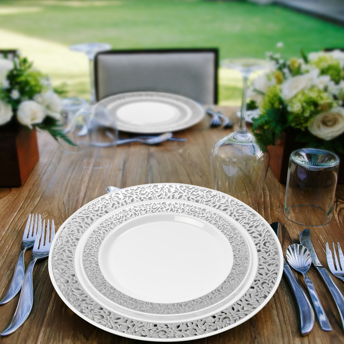 Reusable Plastic Silver Lace Rim Dinner & Dessert Plate Set