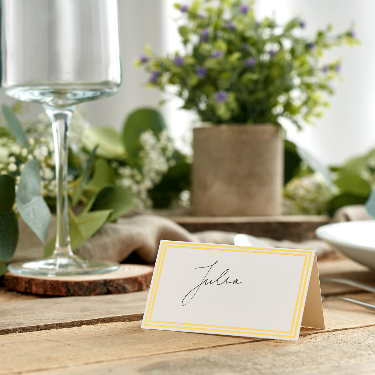 White Wedding Name Cards with Gold Border