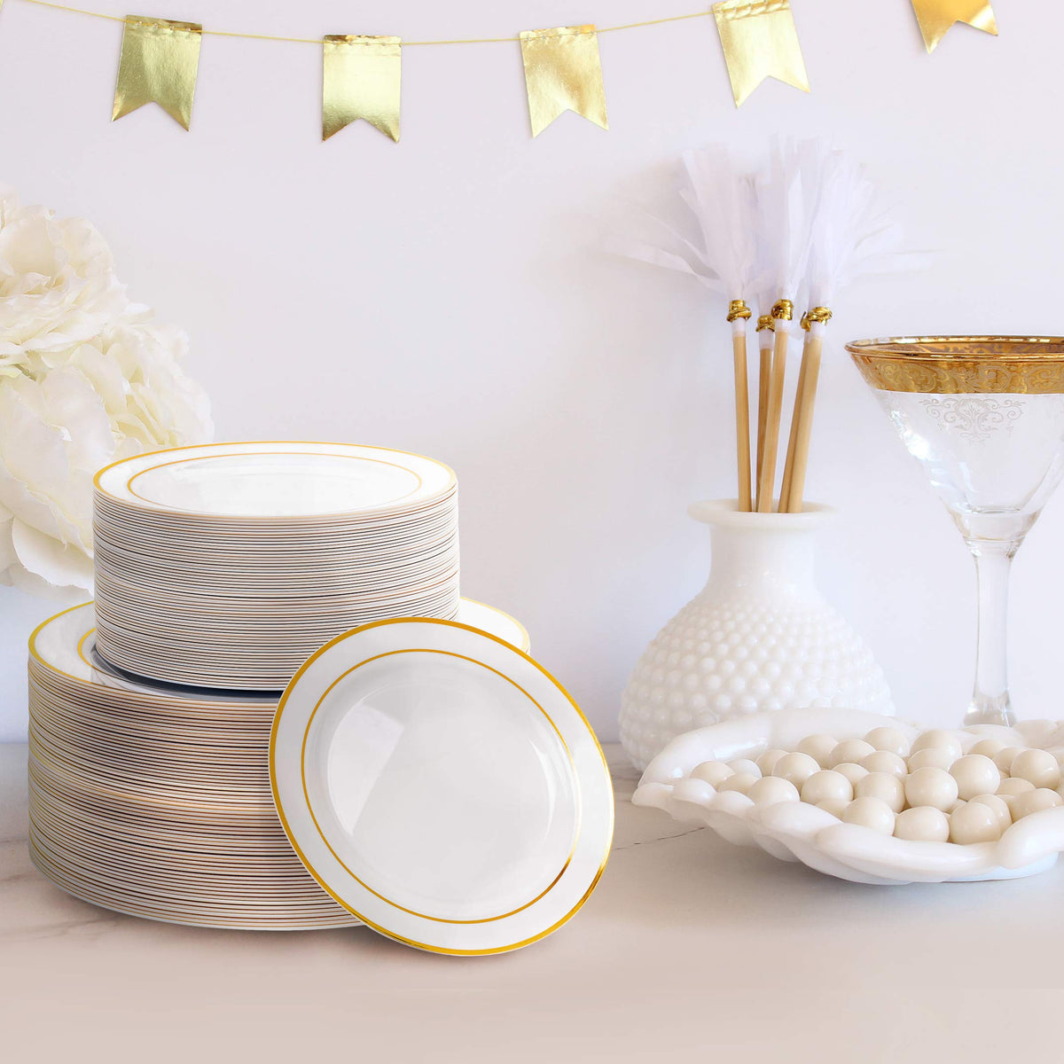 Gold Rimmed Reusable Plastic Plate Set