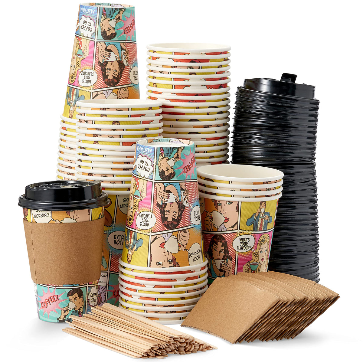 Premium Comic Style Coffee Cups with Lids, Sleeves & Stirrers