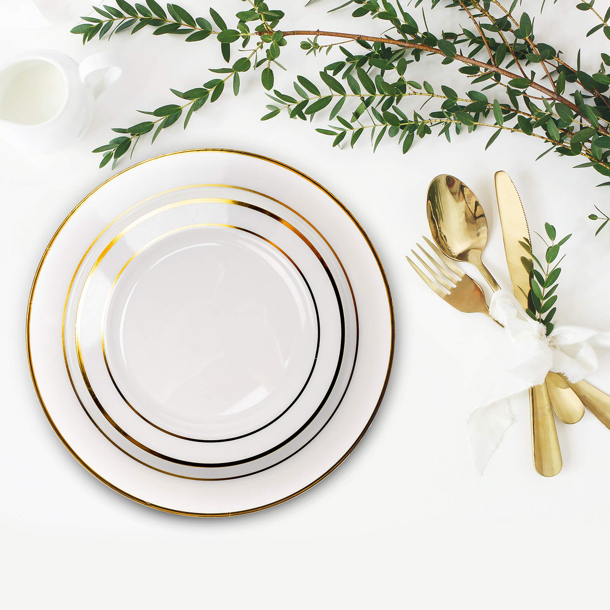 Gold Rimmed Reusable Plastic Plate Set