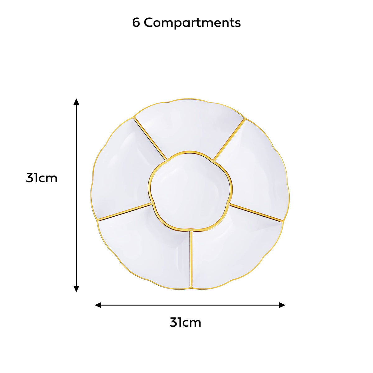 Gold Rimmed Plastic Serving Trays with 6 Compartments