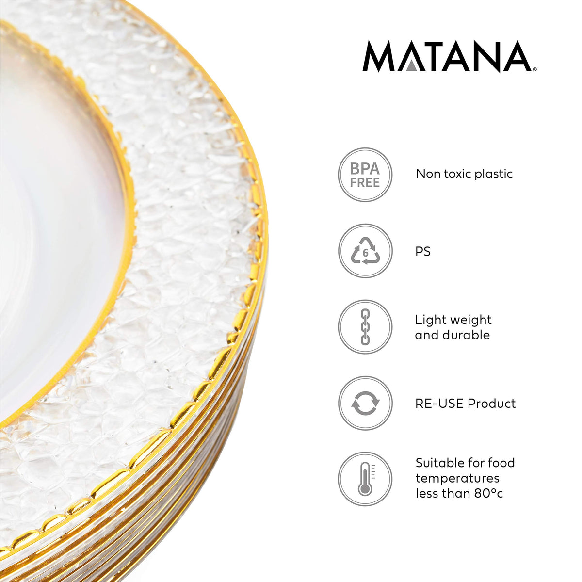 Plastic Plates with Hammered Gold Rim (26cm)