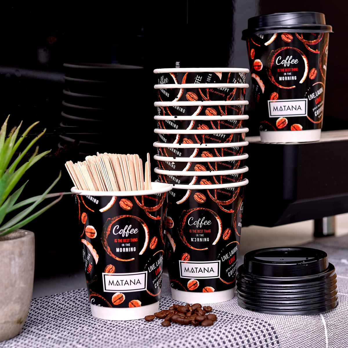 Premium Paper Coffee Cups with Lids, Sleeves & Stirrers