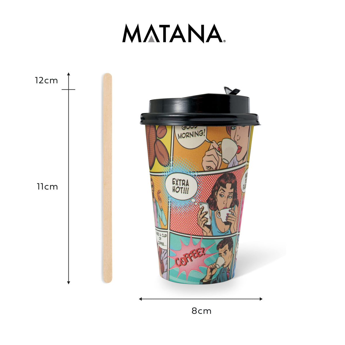 Premium Comic Style Coffee Cups with Lids, Sleeves & Stirrers