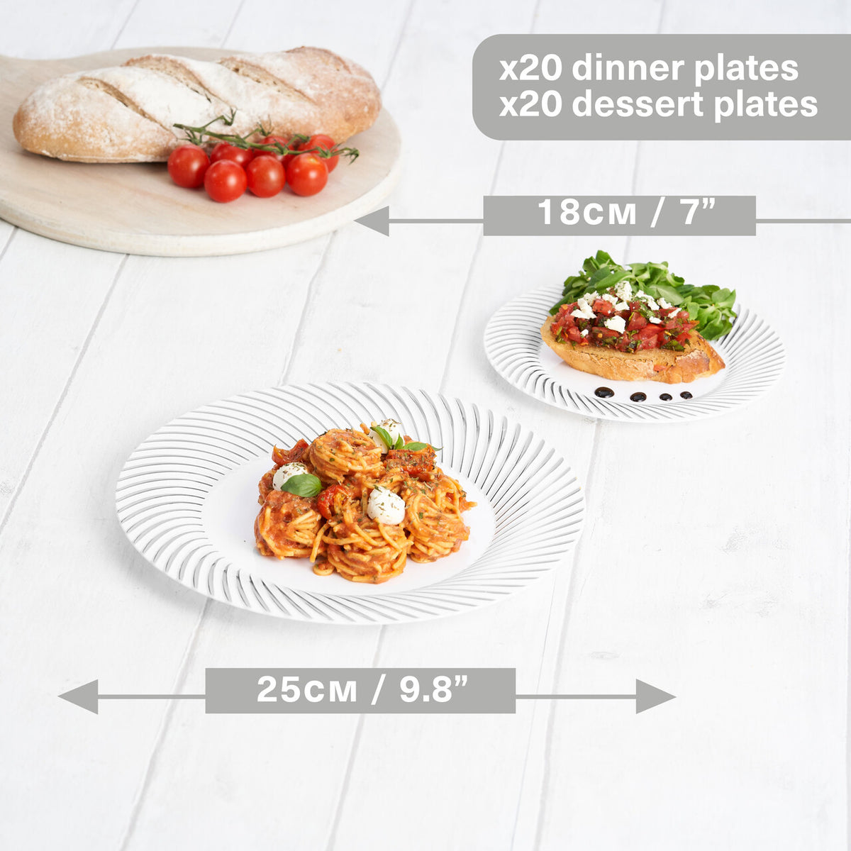 White Plastic Plate Set with Silver Rim – Reusable 25cm 18cm