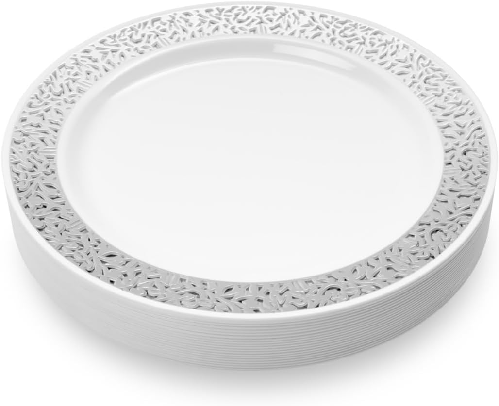 Reusable Plastic Plates with Silver Lace Rim Detail (26cm)