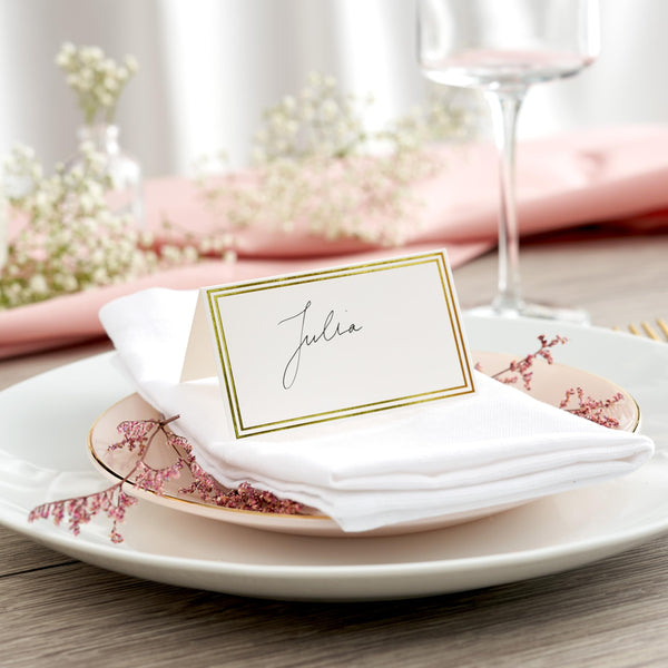 White Wedding Name Cards with Gold Border