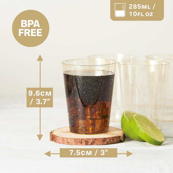 Reusable Gold Glitter Plastic Drinkware Set – Flutes, Wine & Party Cups - 150 Pack