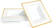 Square White Plastic Bowl with Gold Rim (360ml)