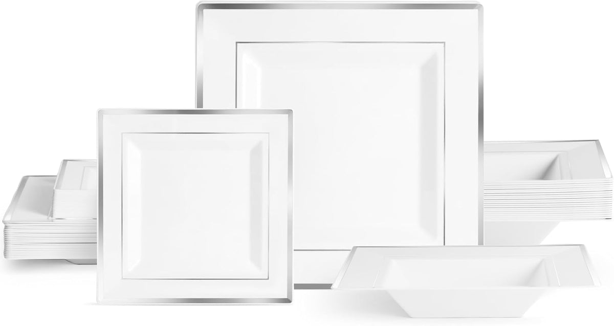 Reusable Dinnerware Set with Silver Rim - Plates & Bowls - 60 Pack