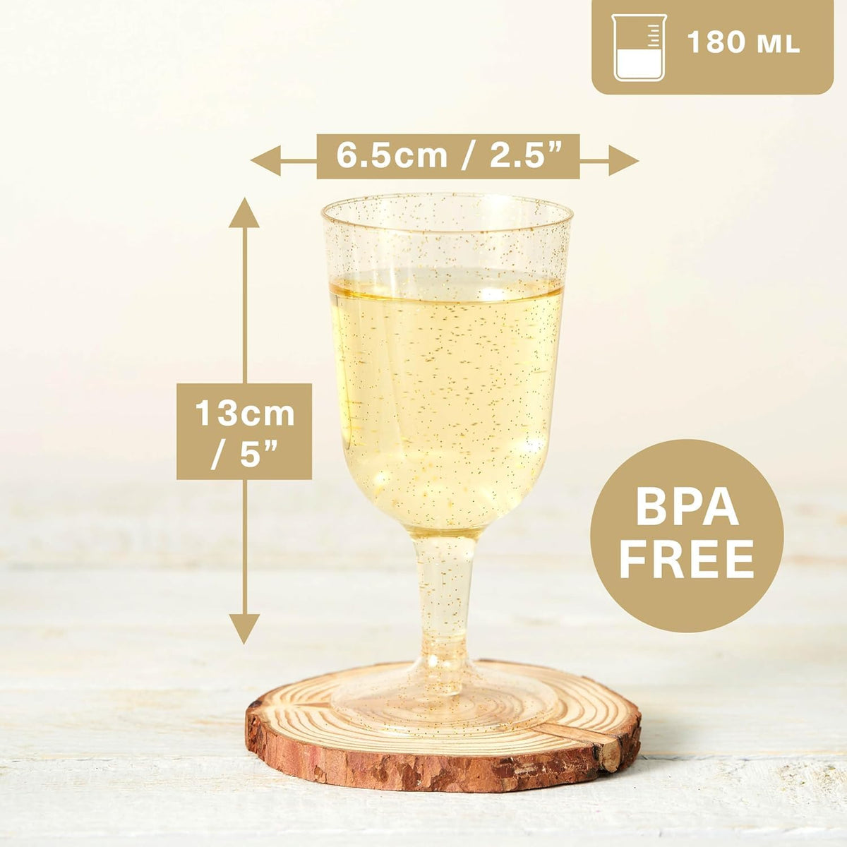 Reusable Gold Glitter Plastic Drinkware Set – Flutes, Wine & Party Cups - 150 Pack