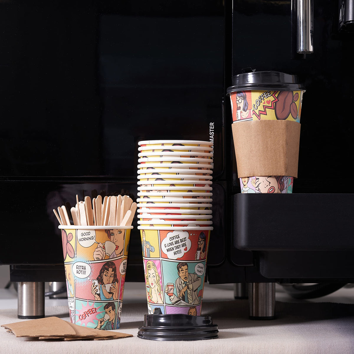 Premium Comic Style Coffee Cups with Lids, Sleeves & Stirrers