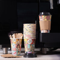 Premium Comic Style Coffee Cups with Lids, Sleeves & Stirrers