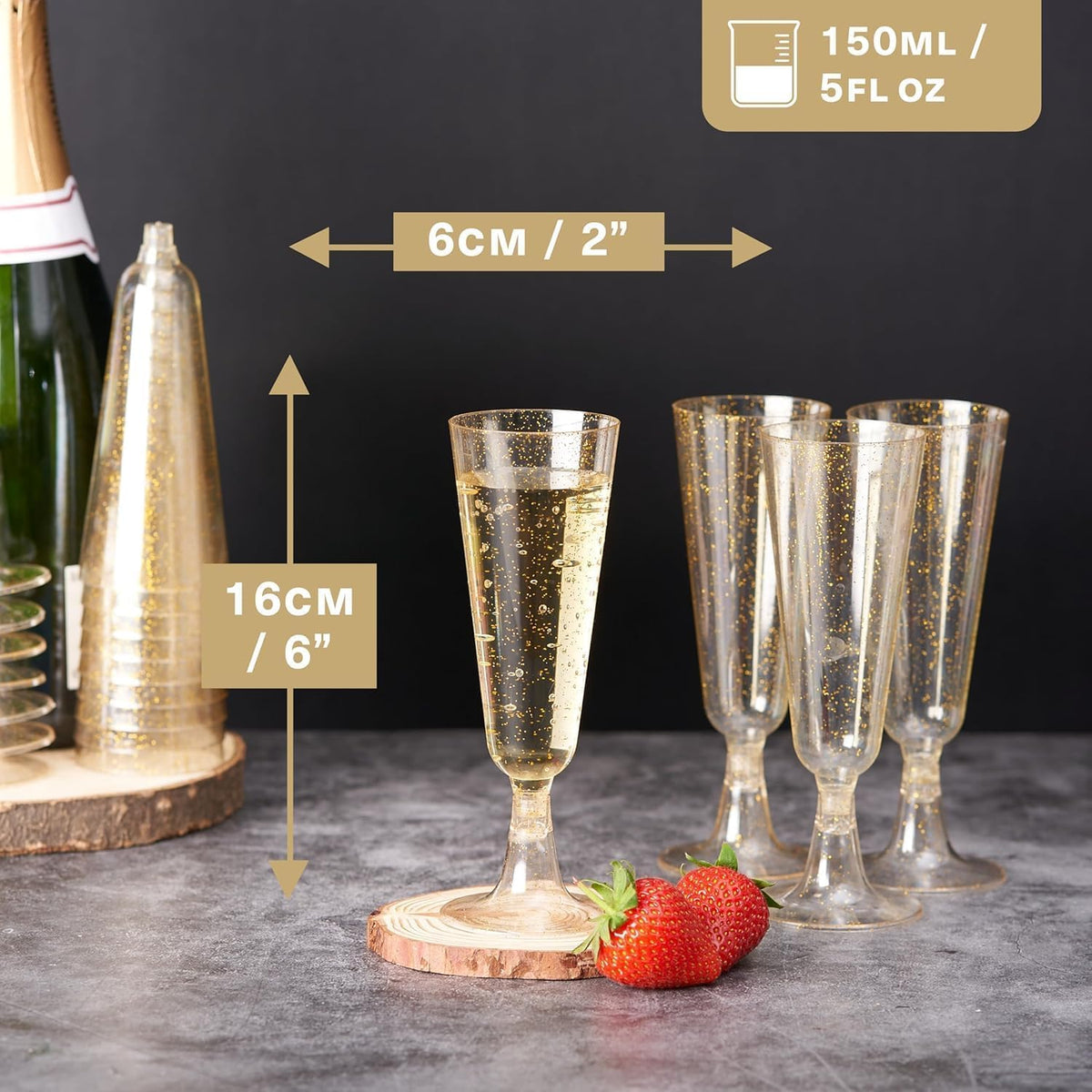 Reusable Gold Glitter Plastic Drinkware Set – Flutes, Wine & Party Cups - 150 Pack