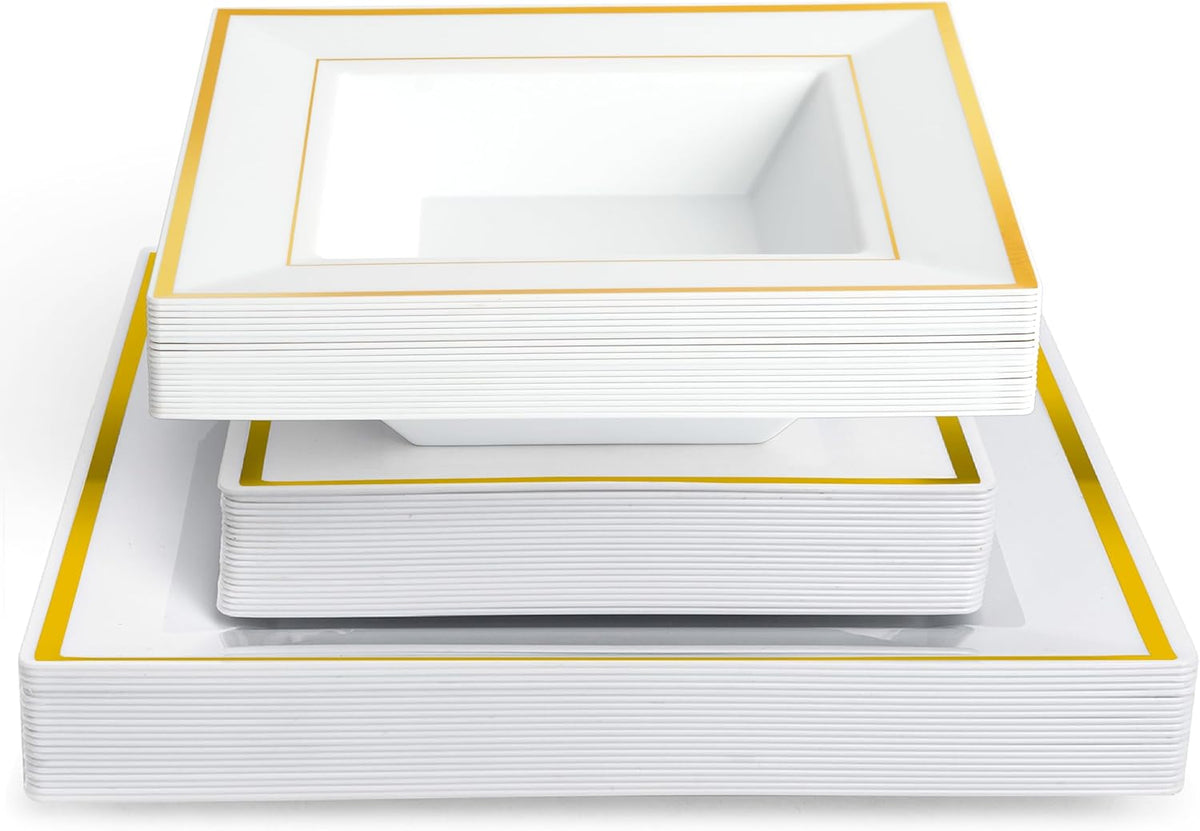 Reusable Dinnerware Set with Gold Rim – Plates & Bowls - 120 Pack
