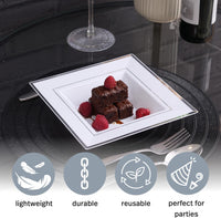Reusable Dinnerware Set with Silver Rim - Plates & Bowls - 60 Pack