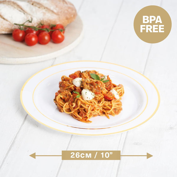 Reusable Dinnerware Set with Gold Rim - Plates & Bowls - 75 Pack