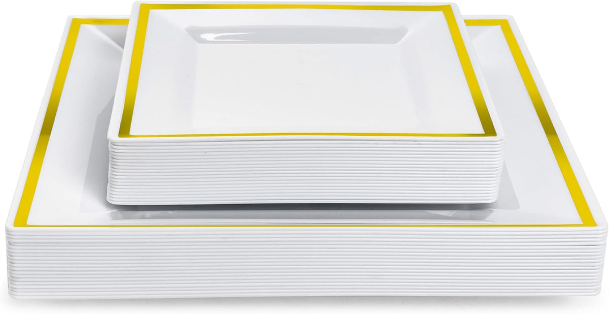 Square White Plastic Plate Set with Gold Rim
