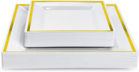 Square White Plastic Plate Set with Gold Rim