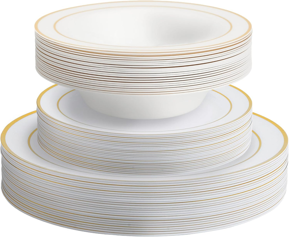 Reusable Dinnerware Set with Gold Rim - Plates & Bowls - 75 Pack