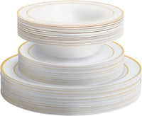 Reusable Dinnerware Set with Gold Rim - Plates & Bowls - 75 Pack