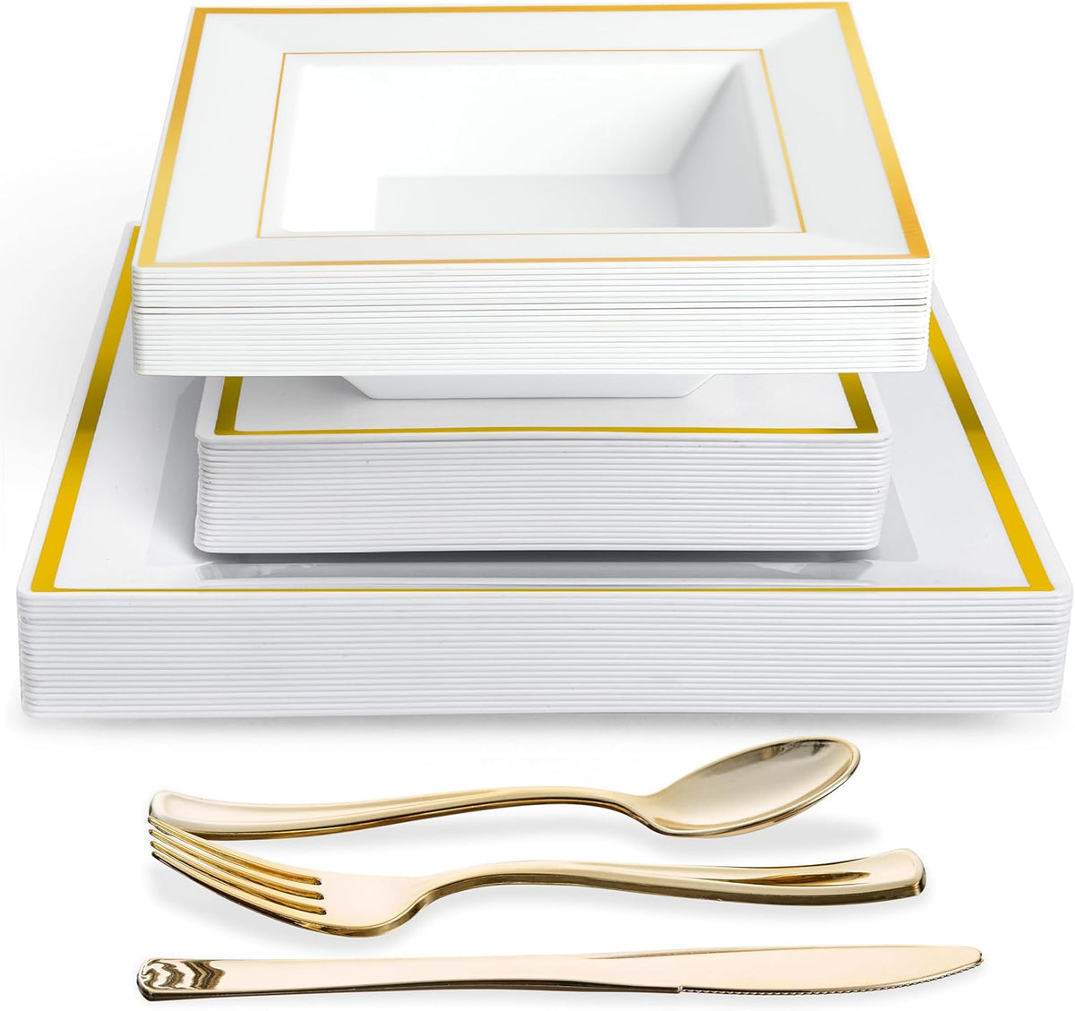 Reusable Dinnerware Set with Gold Rim - Plates, Bowls, & Cutlery - 360 Pack