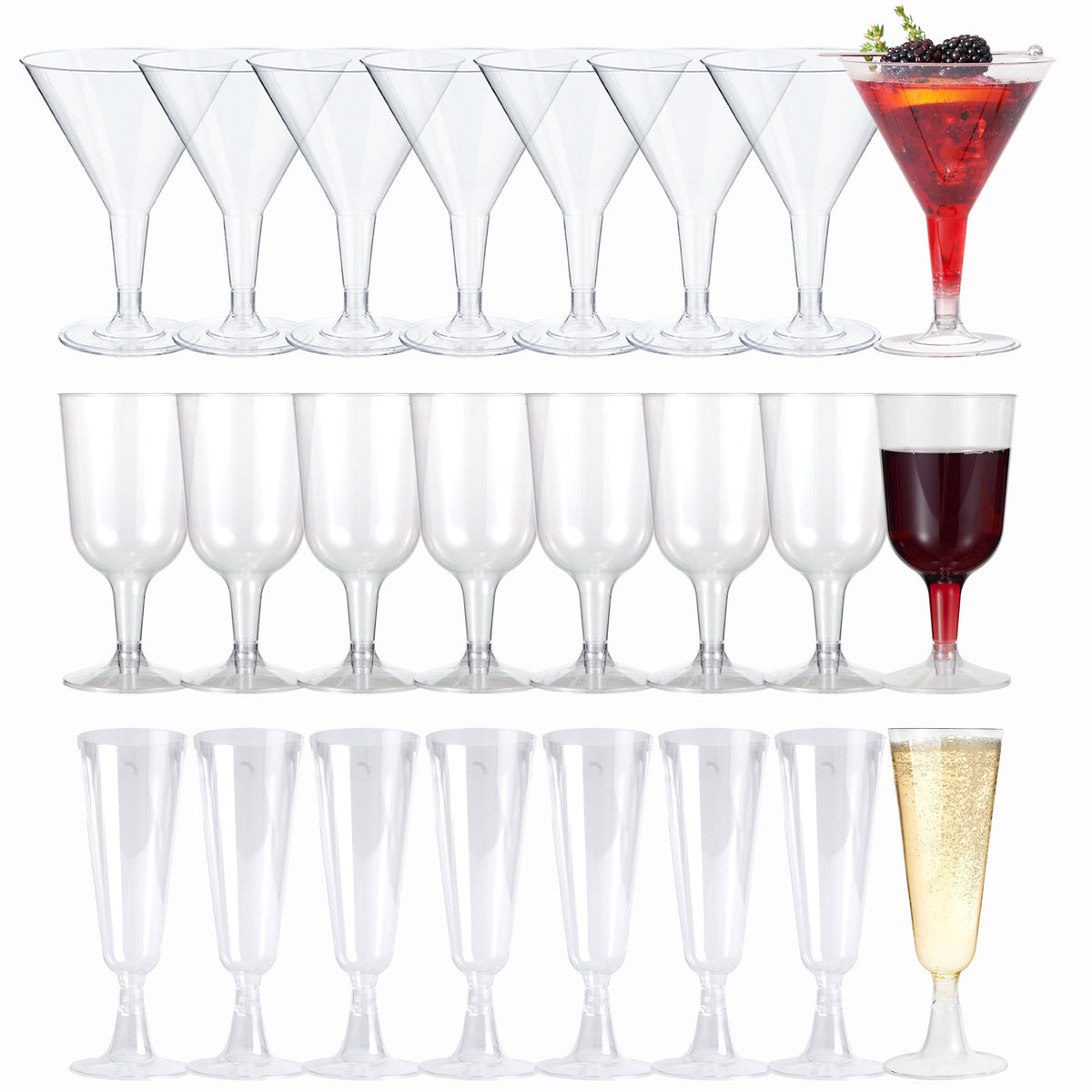 Reusable Plastic Drinkware Set – Martini, Wine & Champagne Glasses for Parties - 144 Pack