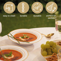 Reusable Dinnerware Set with Gold Rim - Plates & Bowls - 75 Pack