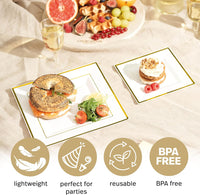 Reusable Dinnerware Set with Gold Rim – Plates & Bowls - 120 Pack