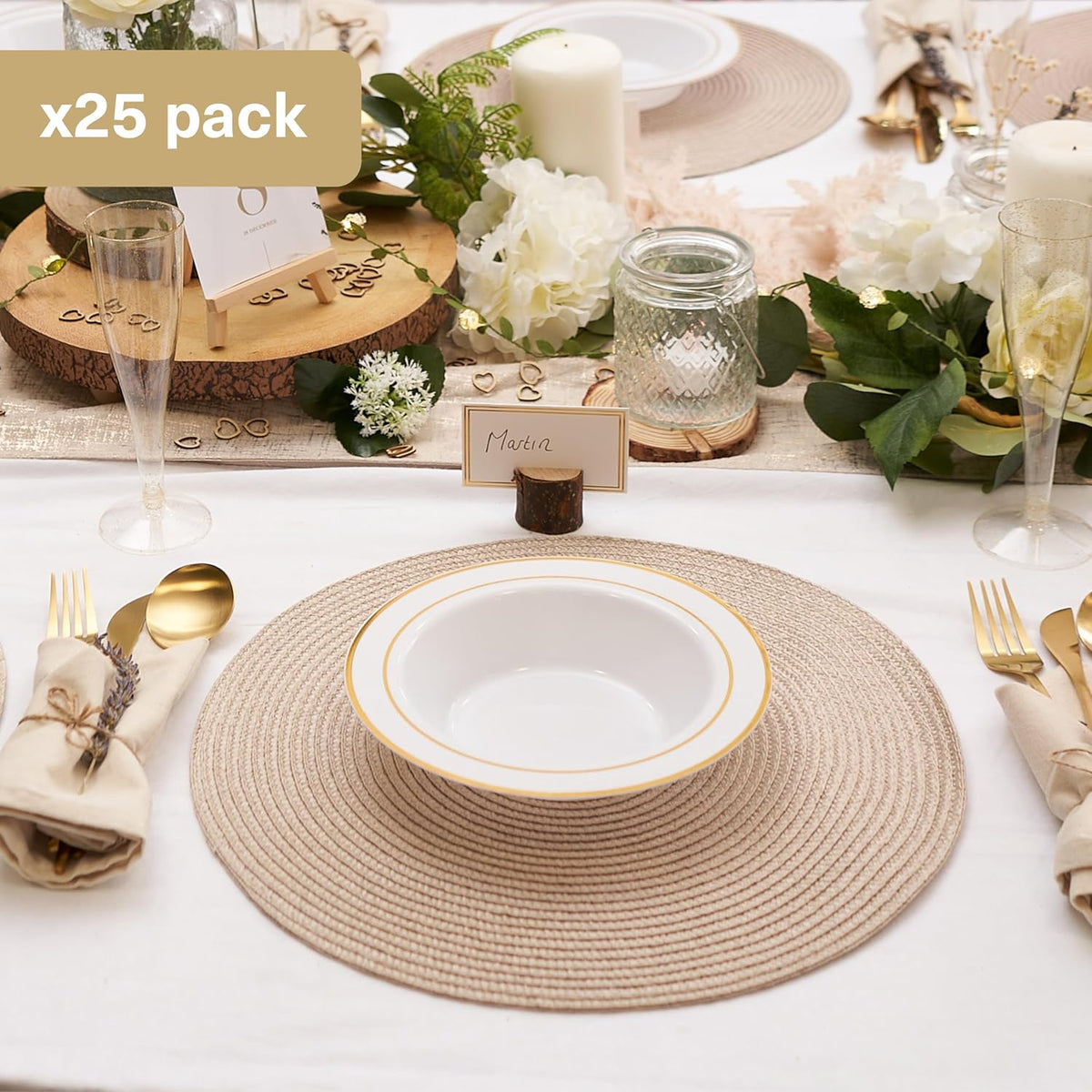 Reusable Dinnerware Set with Gold Rim - Plates & Bowls - 75 Pack