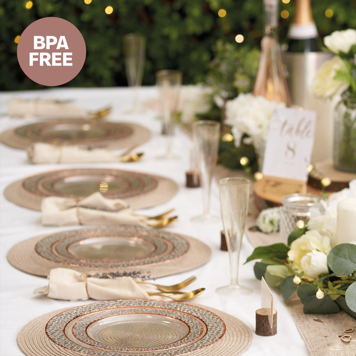 Reusable Plastic Plate Set – Rose Gold Rim, 26cm & 19cm Party Plates - 40 Pack