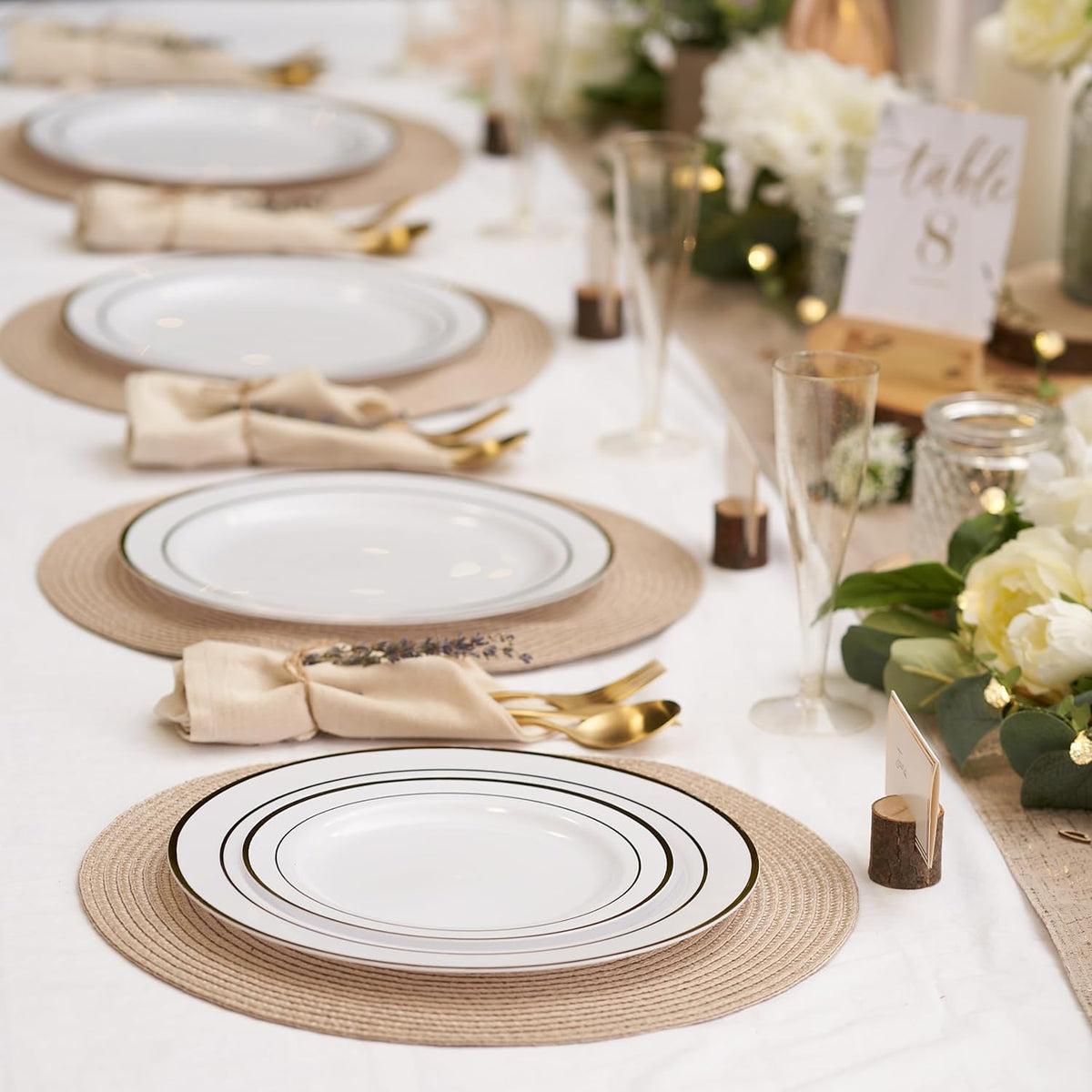 Gold Rimmed Reusable Plastic Plate Set