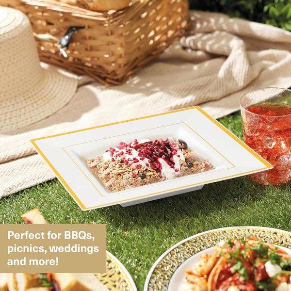 Reusable Dinnerware Set with Gold Rim - Plates, Bowls, & Cutlery - 360 Pack