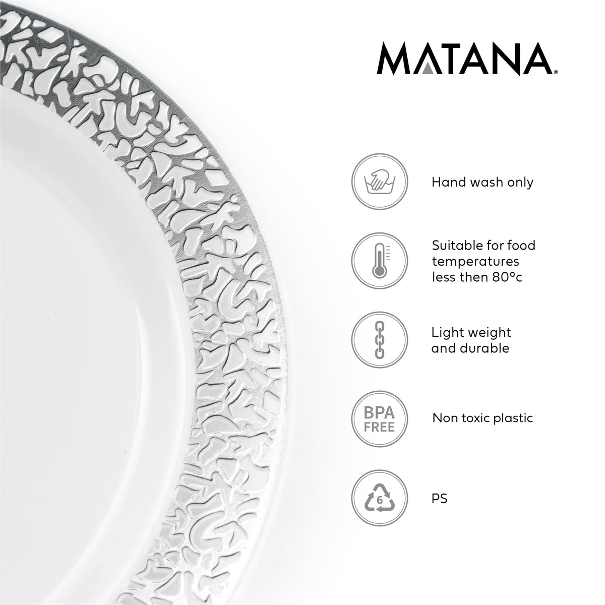 Reusable Plastic Dessert Plates with Silver Lace Rim (18cm)