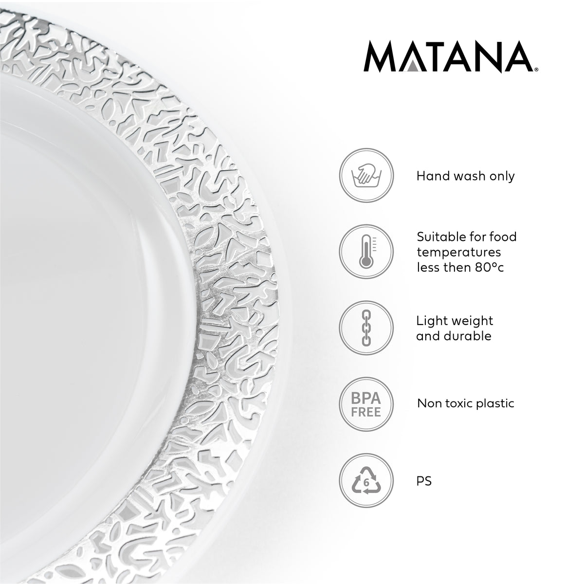 Reusable Plastic Plates with Silver Lace Rim Detail (26cm)
