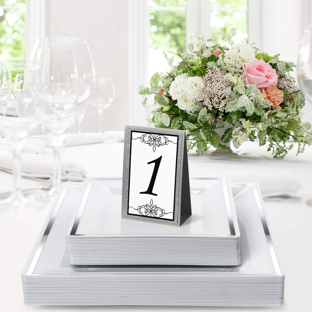 Square Reusable Plastic Silver Rim Plate Set