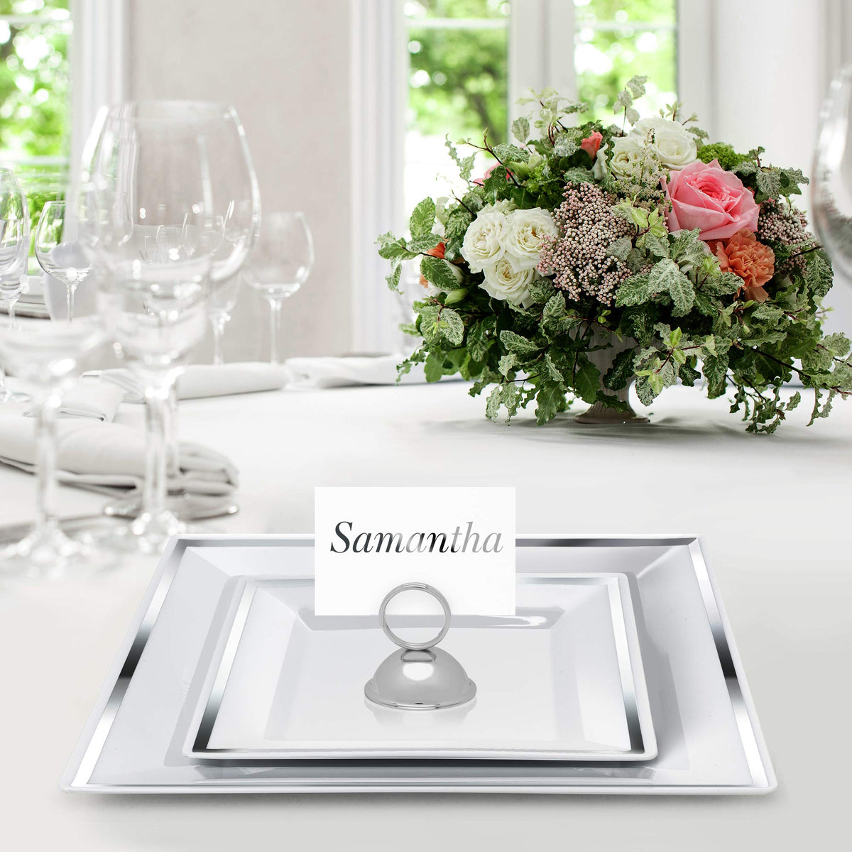 Square Reusable Plastic Silver Rim Plate Set