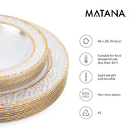 Reusable Plastic Plate Set, Transparent with Hammered Gold Rim Design