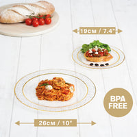 Reusable Plastic Plate Set, Transparent with Hammered Gold Rim Design