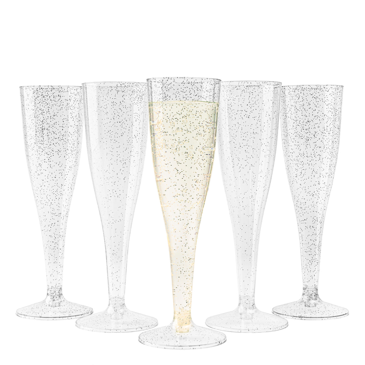 Silver Glitter Plastic Champagne Flutes (133ml)