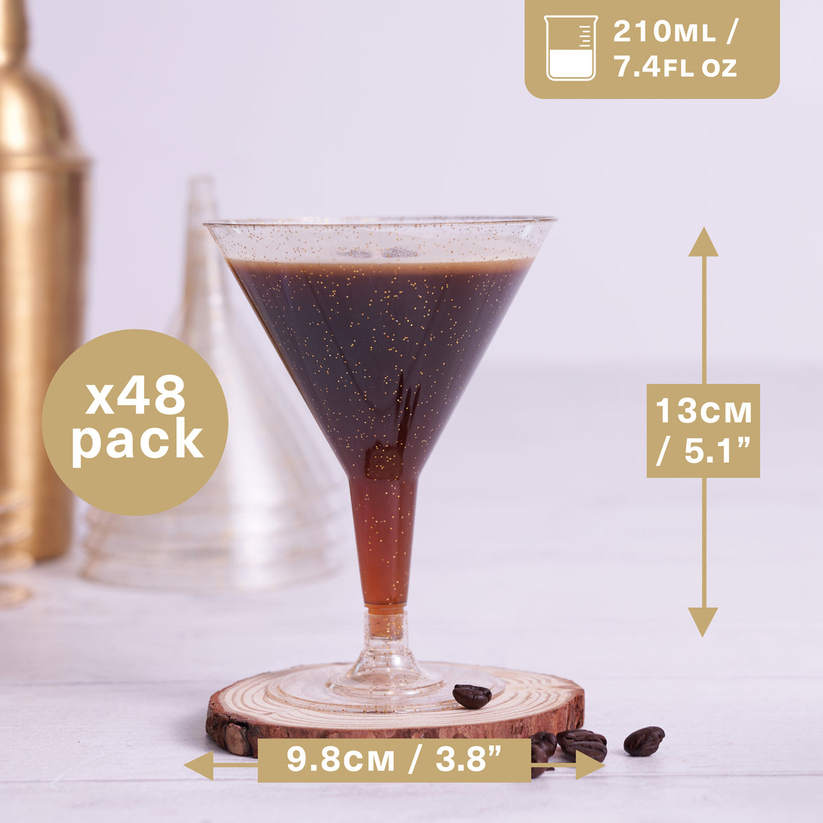 Gold Glitter Plastic Martini Cocktail Glasses (210ml)