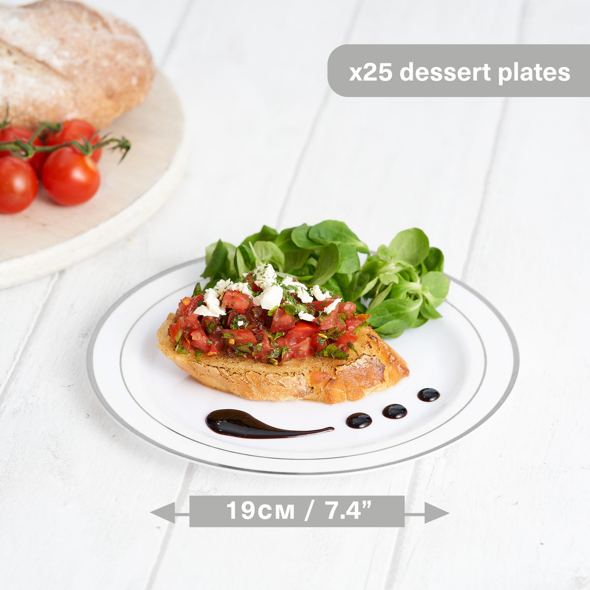 White Plastic Dessert Plates with Silver Rim (19cm)