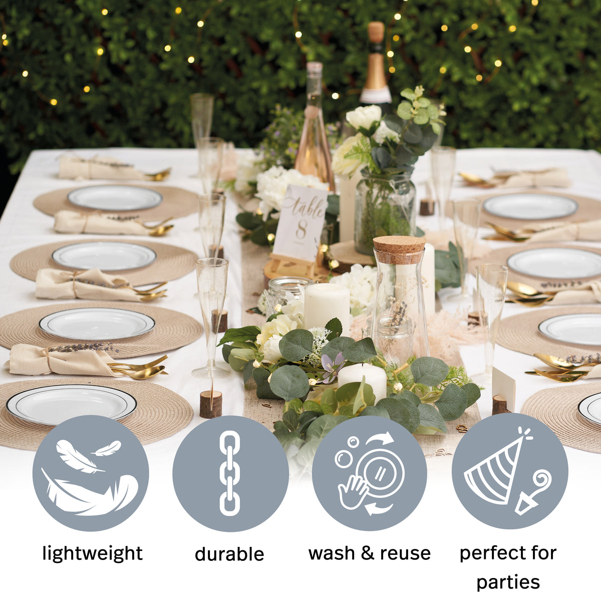 White Plastic Dessert Plates with Silver Rim (19cm)