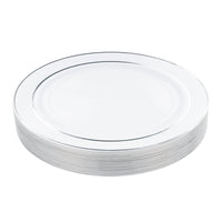 White Plastic Dessert Plates with Silver Rim (19cm)