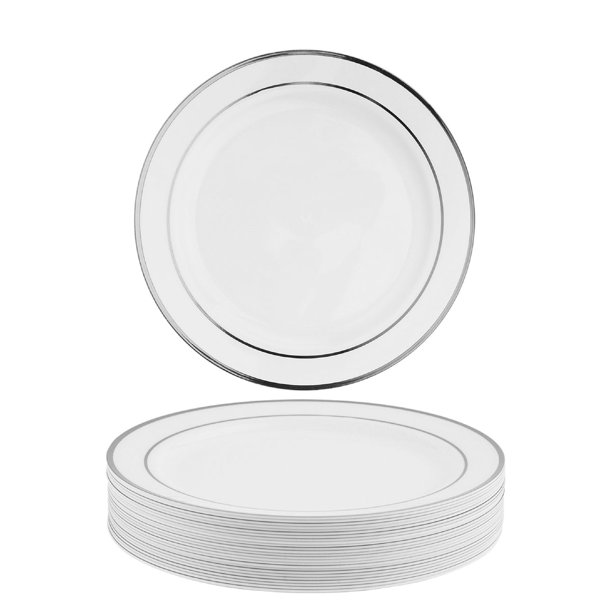 White Plastic Dessert Plates with Silver Rim (19cm)