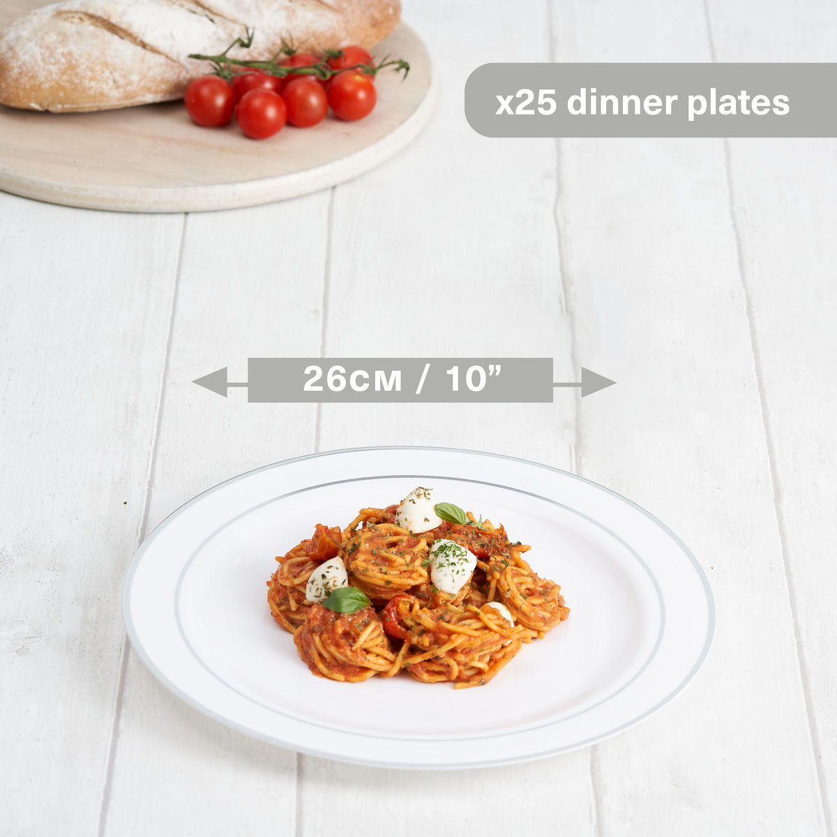 White Plastic Dinner Plates with Silver Rim (26cm)