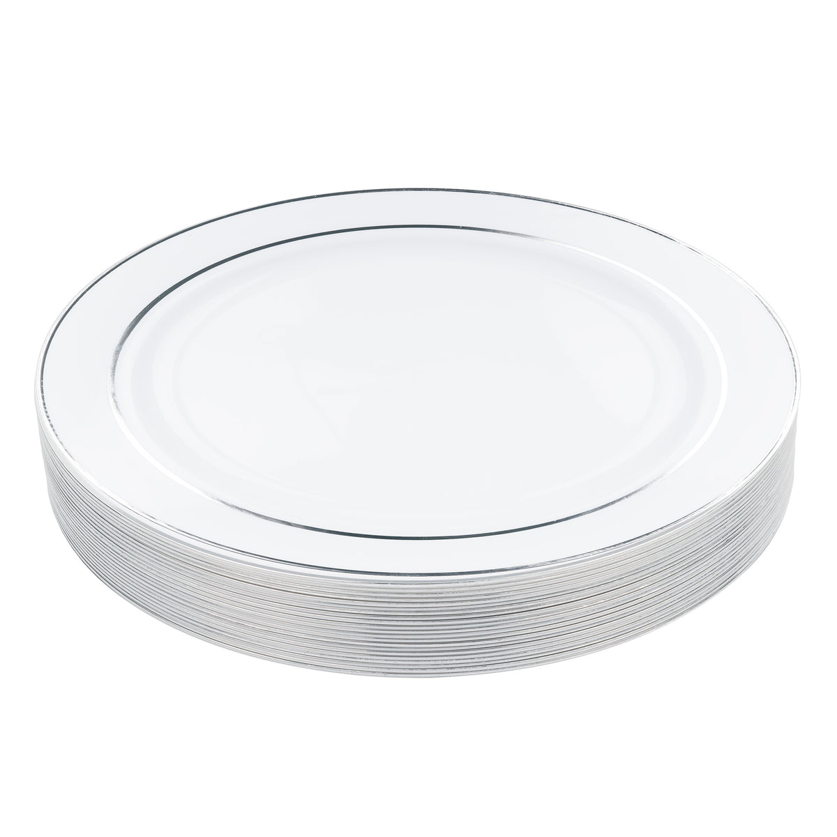 White Plastic Dinner Plates with Silver Rim (26cm)