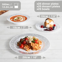 White Plastic Tableware Set with Silver Lace Rim