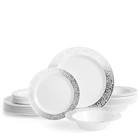 White Plastic Tableware Set with Silver Lace Rim